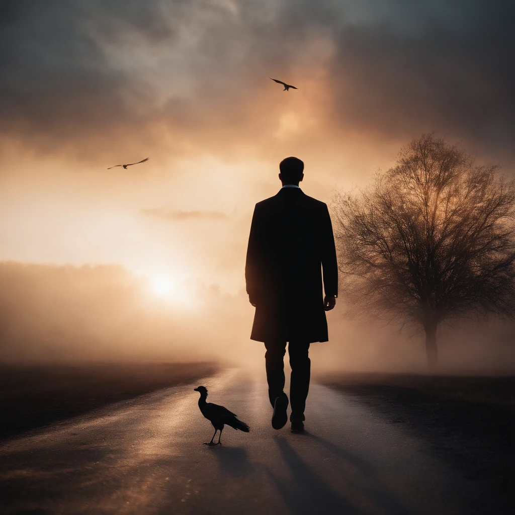 Double exposure black phoenix and a man walking towards new dawn