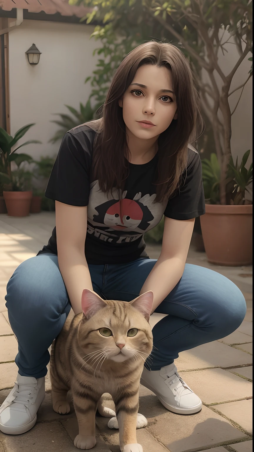 Garota uns 20 anos de idade, com o seu gato no colo. Olhando para o jardim