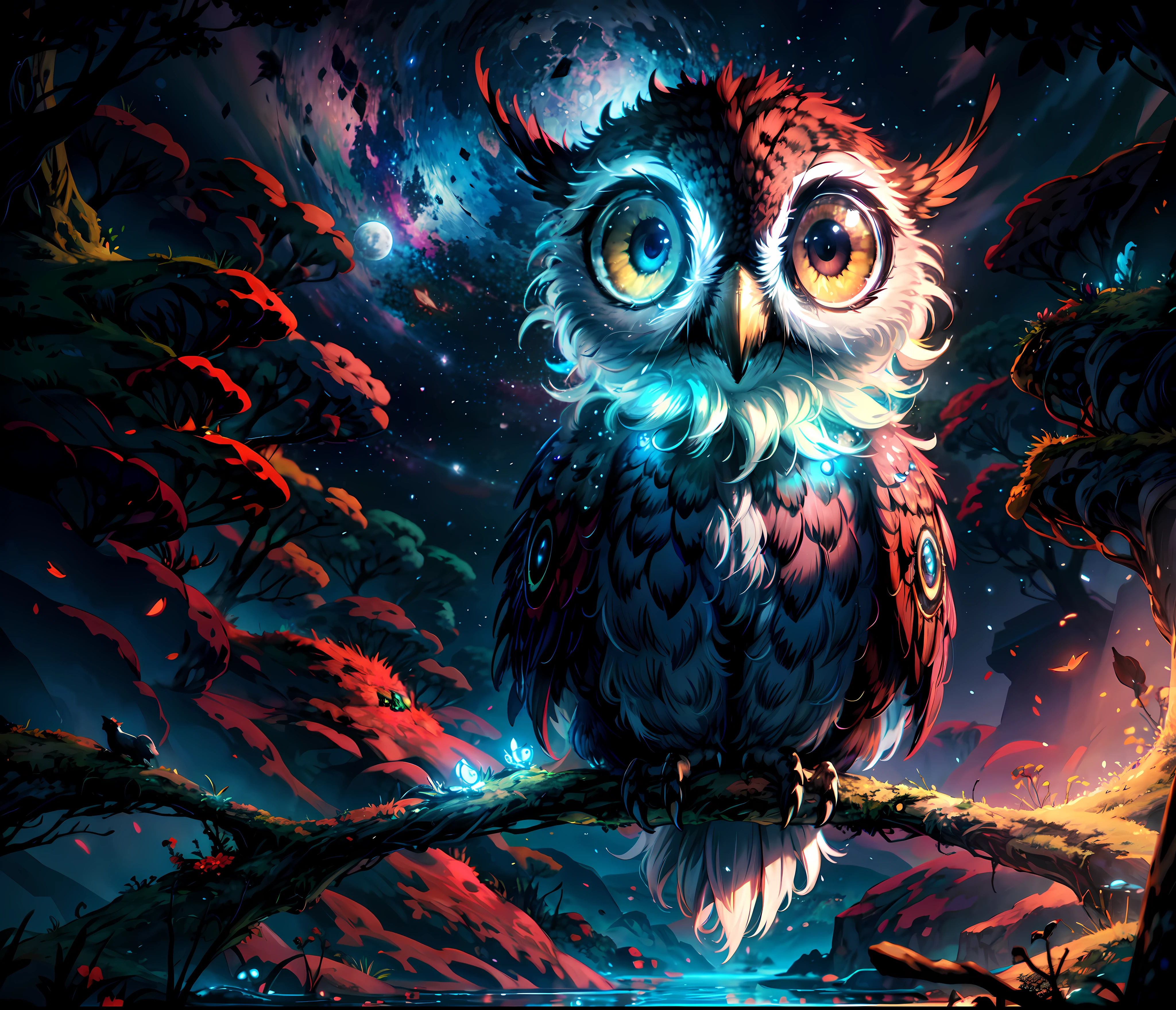 close shot of a mythical owl with colorful feathers, galaxy eyes, shiny feathers, detailed feathers, detailed big eyes, the owl is landing on an alien tree branch , moon in the sky,looking at viewers with the eyes of judgement, focus, alien landscape background .BREAK,Detailed,Realistic,4k highly detailed digital art,octane render, bioluminescent, BREAK 8K resolution concept art, realism,by Mappa studios,masterpiece,best quality,official art,illustration,ligne claire,(cool_color),perfect composition,absurdres, fantasy,focused,rule of thirds,