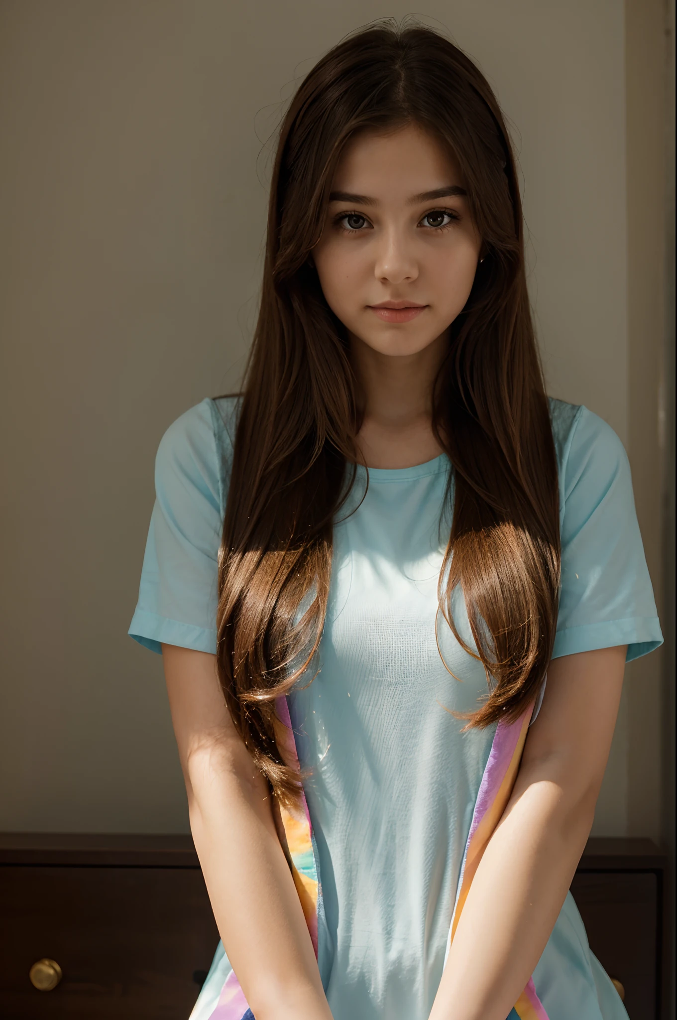 quiet cute girl with long hair learning under the rainbow dressing elegant