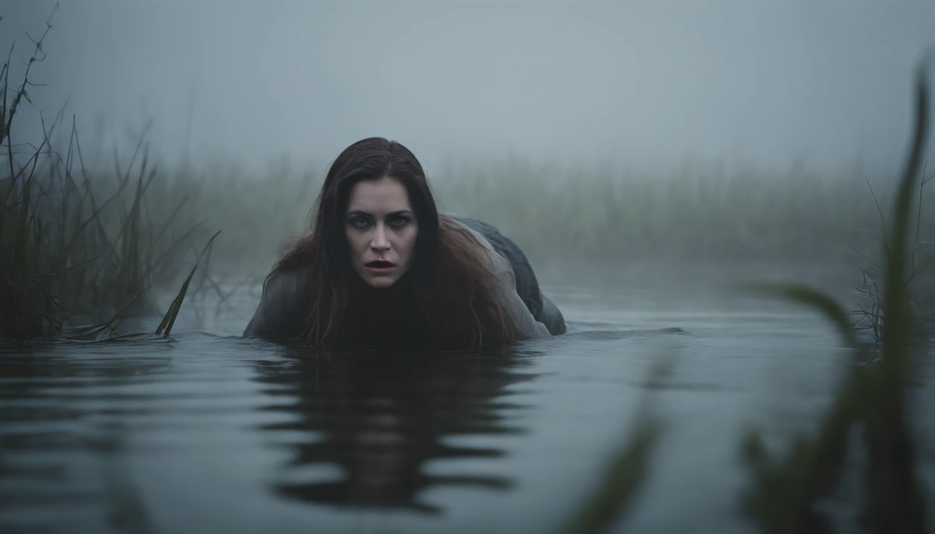 Black Sky, Sinister Night, Woman wrestling in the dark, At the bottom of a deep pit, drowning in a swamp. (standingn). Danger. The surrounding forest is dense, Sinister and gloomy, Casting strange shadows on the ground. Impending Doom. luna, Hidden behind heavy black clouds,,,,,,,,,,, (Low Stage Lighting). The woman is emaciated, Her muscles cramped. her hair is messy, fully naked and dirty, Stained with mud. She looks like a creature from a horror movie, She found herself trapped in a dark and hostile environment in a misty forest with no hope of escape, Loses control from ecstasy