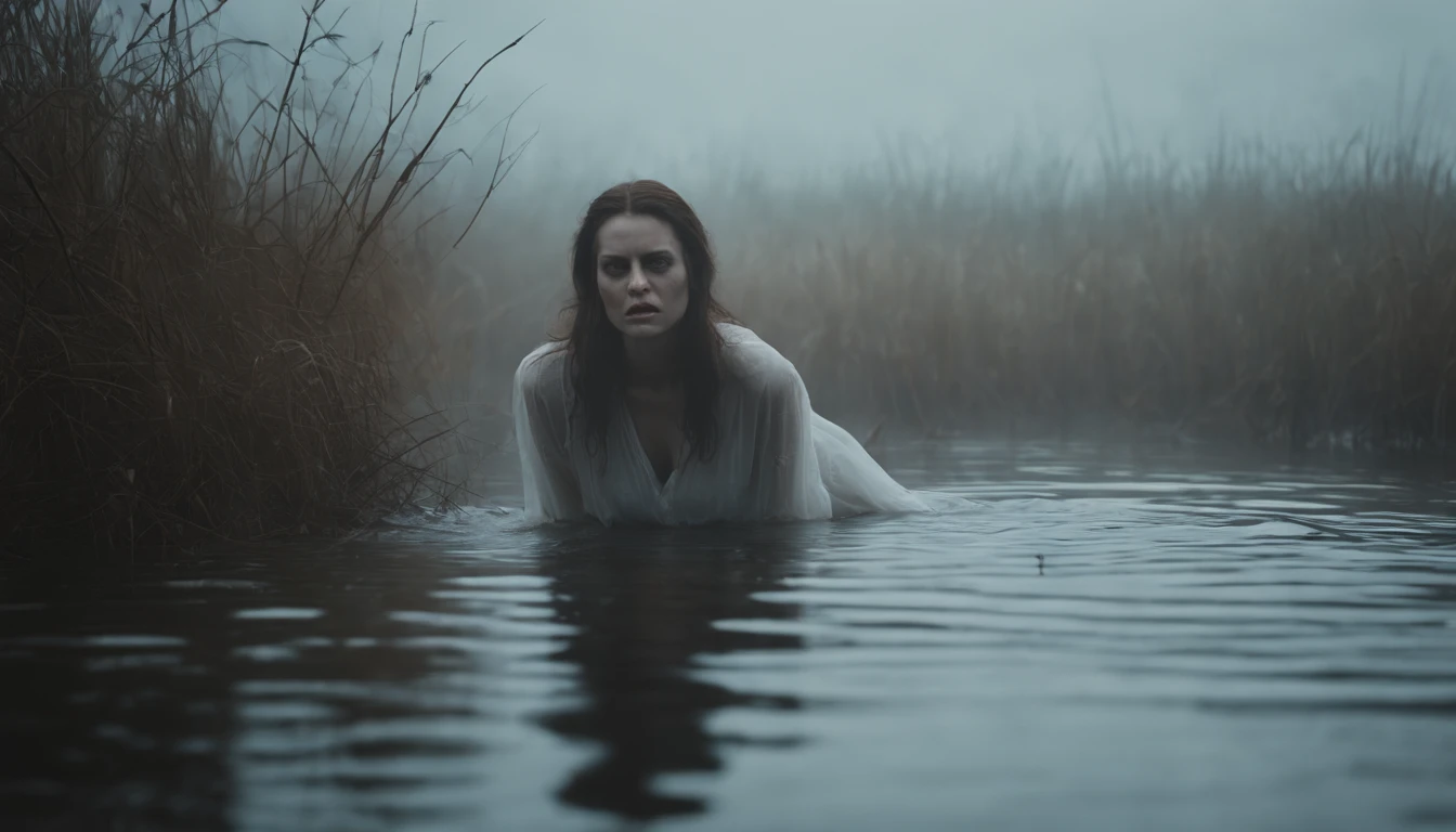 pale demon woman crawling out the water in a foggy marsh, horror movie, cinematic look, creepy aesthetic, ultra detailed, photorealistic, masterpiece.