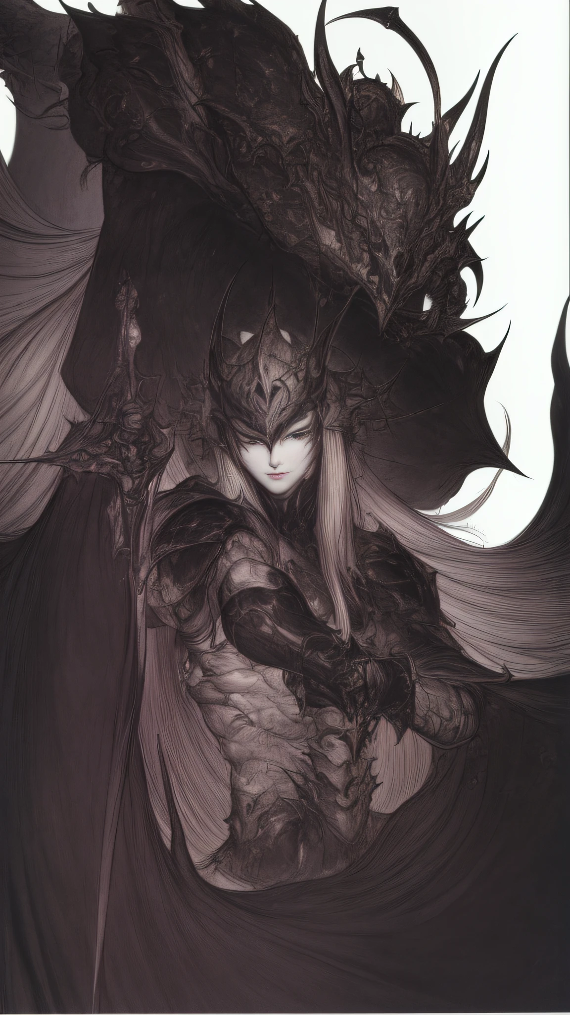 Rough sketch(((Black Knight)))、White background、、line-drawing、pale color、、Fantastical、coarser line、Painterly、Lively poses、Crow's feathers、Delicate touch、fine lines、white of the eye、Clenching teeth、wriggling the body、fullface、black horns、Black Armor、silhuette、Black and purple gradient、 (Dark dim dramatic atmosphere)+ 8k portrait of a girl with super long aurora hair