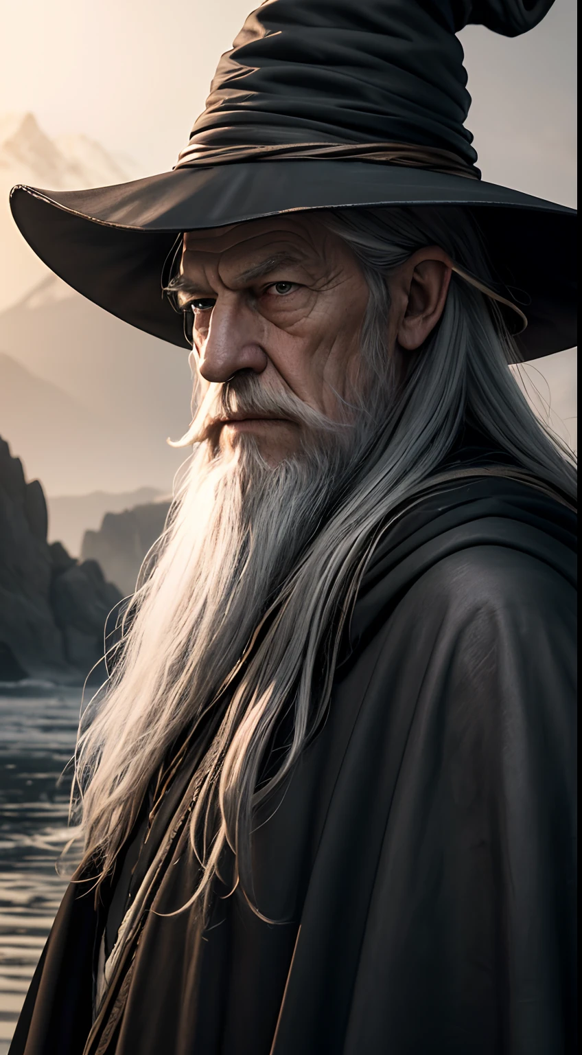 (masterpiece), ultra detailed close up of gandalf on a adventure, serious expression, perfect face, at the sunset, black uniform, dangerous, badass, strong, expressive, dark, epic,reflections, superficie scattering, 8k, badass, cinematic, gray clothes, UHD, finely detailed, high res, realistic, (perfect lighting, dramatic lighting), extreme shading, volumetric, (professional image), fog, perfect anatmy, old men, long beard, wrinkles, witch hat, perfect skin, the image transmit a powerful feeling, the man posture displays confidence,Ian McKellen, he is a wise mage, he wearis a gray cloak, lotr (alternatively), [leather beld], gray tunic bellow the cloak