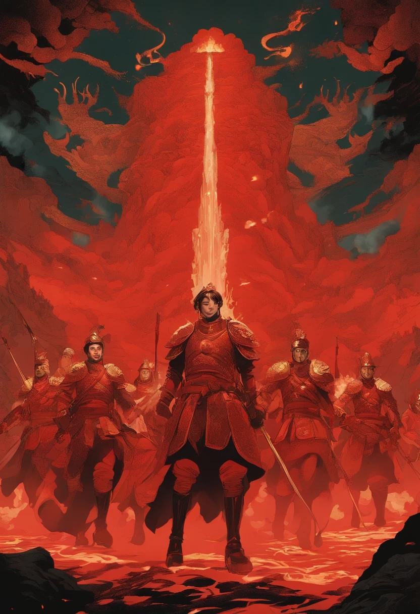 Light of Faith poster, Deviant-art, Sots Art, Official artwork, Light of Hell, official poster artwork, ( ( victo ngai ) ), ,anime still film anime shikishi,Nezha painting style ,Compile art,A squad of troops marched forward,Surrounded by red flames,red colour,A red volcano erupts in the middle,The soldiers were terrified,Scary,Smoke of war