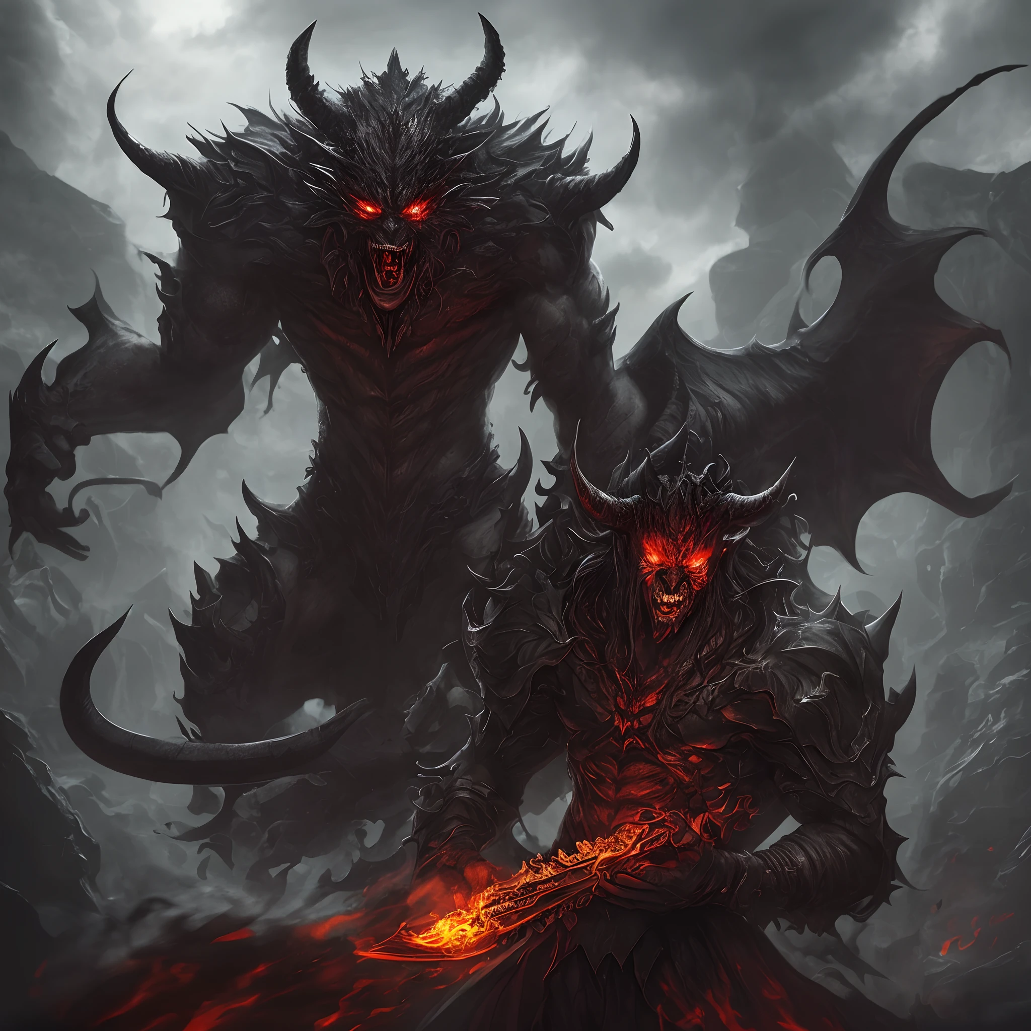 The Shadow Army, a horde of nightmarish creatures, emerges from the darkness. These beings, twisted and grotesque, have bodies shrouded in dark, ethereal mist. Their eyes glow with an eerie, malevolent light, and their limbs are long and sinewy, ending in razor-sharp claws. Some resemble twisted, demonic beasts with jagged horns and skeletal wings, while others are humanoid in form but with faces distorted into horrific visages of torment and rage. The air around them is thick with the stench of decay and the whispers of lost souls."