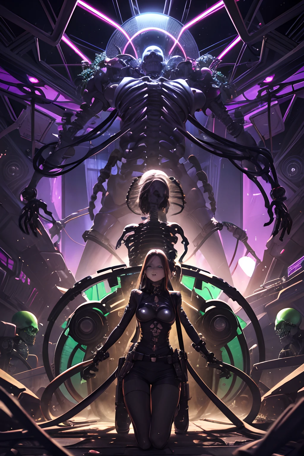 Future Matrix Brain-Computer Interface Brain Development Cerebrospinal Cord Structure Research Center Three skeletons dancing Skeleton jungle dance
Intricate details Extremely psychedelic Super decadent wasteland Machine core Waste core