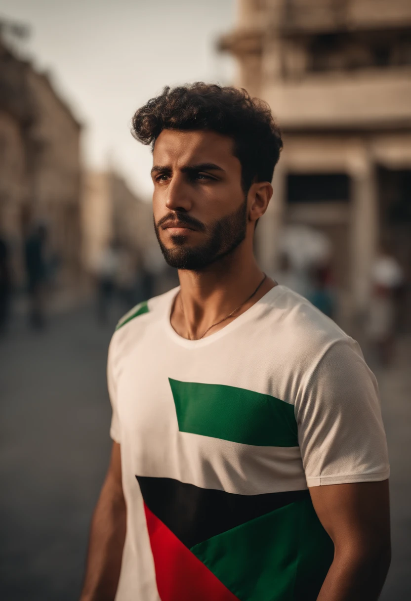28 year old guy wearing a Palestine Flag shirt decorated with Palestinian flag ,explosion, divasting buildings. In middle of the street. Realistic photo accurate.