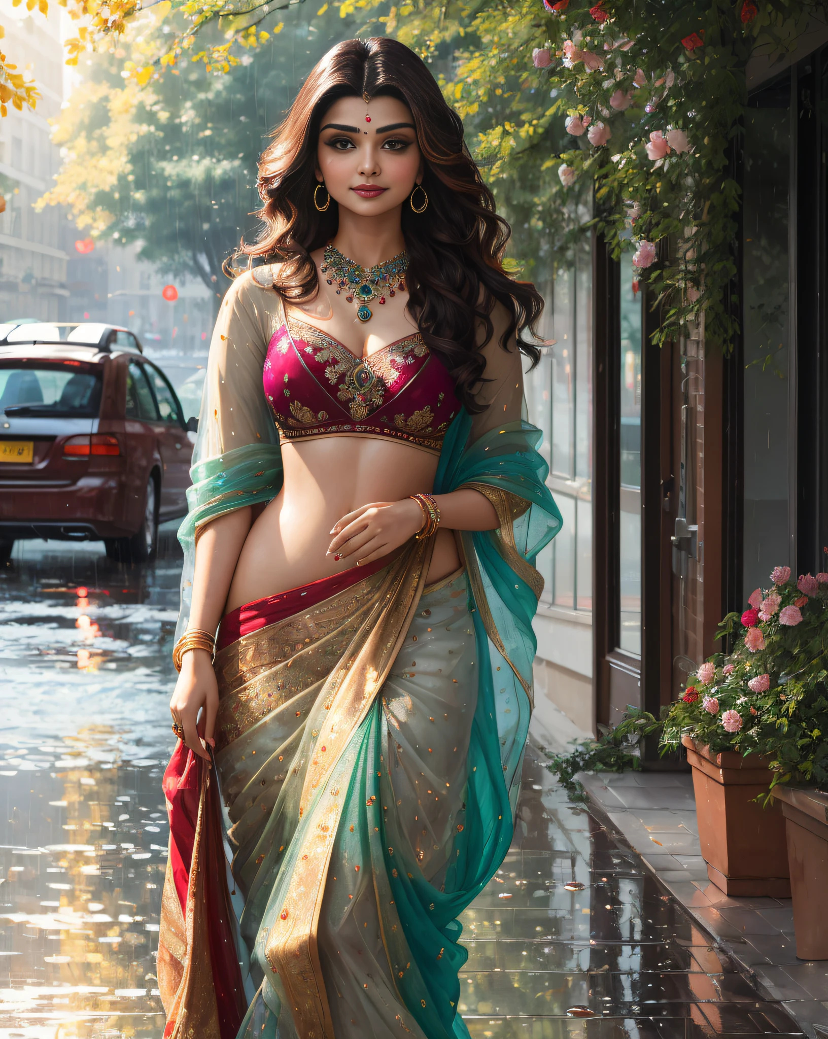 (impressionist masterpiece oil painting depicting closeup) of an alluring sexy curvy Indian blogger (Prachi desai| aishwarya rai| sonali bendre), walking on a wet street on a rainy day, (wearing  gemstones, body covered in precious stones:1.4),  navel, wet long brown wavy hair with highlights, wet glistening skin, vivacious, lustful glance, exhilarated, reflections on street (beautiful detailed eyes:1.1) , (passionate expression:1.2) intense dramatic lighting, falling greenery, trees bushes and flowers bokeh, backlit, light rays, highly detailed, trending on artstation, paint splashes, rich colour, falling leaves & flowers all around,(perfect long wavy hairstyles), abstract portrait, by Atey Ghailan