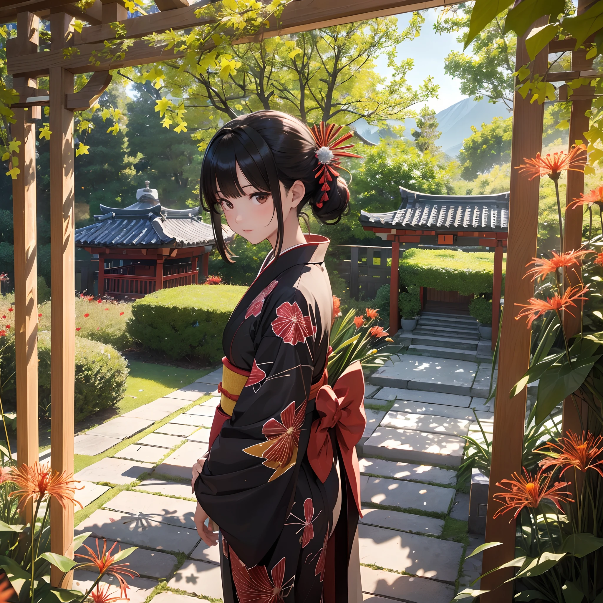 (Best Quality, masutepiece,8K),(1girl in, shrine maiden, Pitch black kimono,Brown-eyed,,Black hair, Walking, Upper body), Labyrinth of the Night, Huge tree on background,Ginkgo tree, (Lots of small, Bright red spider lilies grow on the ground), Shrine behind, mountain background, Blowing wind, Meteor clouds,(amazing view:1.4)