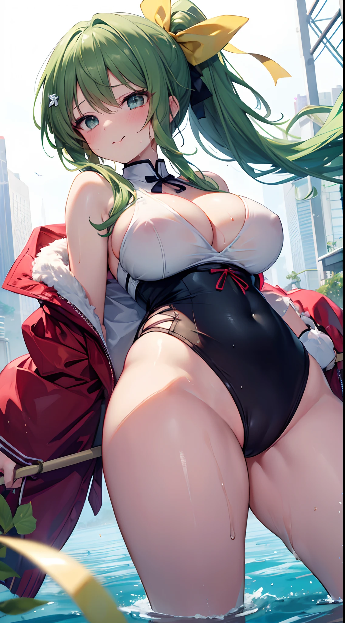 (Best Quality, High resolution:1.37), Older sister with dark green hair like matcha in a short ponytail, Yellow Ribbon, Blue eyes, 18year old、barechested、AHE Face、Velo out、beautiful dark green hair、Make the velo bigger、large rounded chest, Bust: 94 cm、slovenly、Completely naked, shoulder-length ponytail, Ahegao、Spread your legs apart, Stick out the tongue、White liquid、お漏らし、Ahegao、shiny breasts and thighs, Wet chest, Wet thighs, Wet , Beautiful breasts, Beautiful chubby thighs, thick thighs, cheeks with a slight blush, Breast milk, Sexy, Cute figure, Senran Kagura、Day and