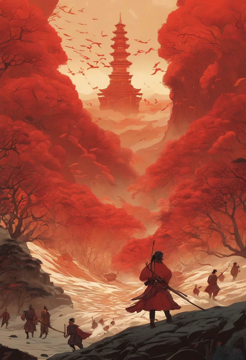 Light of Faith poster,  Deviant-art, Sots Art, Official artwork, Light of Hell, official poster artwork, ( ( victo ngai ) ), ,anime still film anime shikishi，Nezha painting style ，Compile art，A squad of troops marched forward，Surrounded by red flames，red colour，A red volcano erupts in the middle