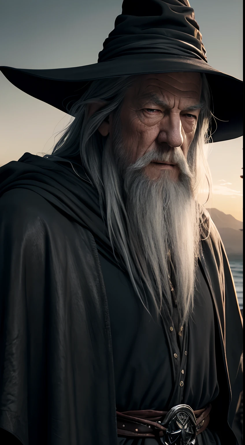 (masterpiece), ultra detailed close up of gandalf on a adventure, serious expression, perfect face, at the sunset, black uniform, dangerous, badass, strong, expressive, dark, epic,reflections, superficie scattering, 8k, badass, cinematic, gray clothes, UHD, finely detailed, high res, realistic, (perfect lighting, dramatic lighting), extreme shading, volumetric, (professional image), fog, perfect anatmy, old men, long beard, wrinkles, witch hat, perfect skin, the image transmit a powerful feeling, the man posture displays confidence,Ian McKellen, he is a wise mage, he wearis a gray cloak, lotr (alternatively), [leather beld], gray tunic bellow the cloak