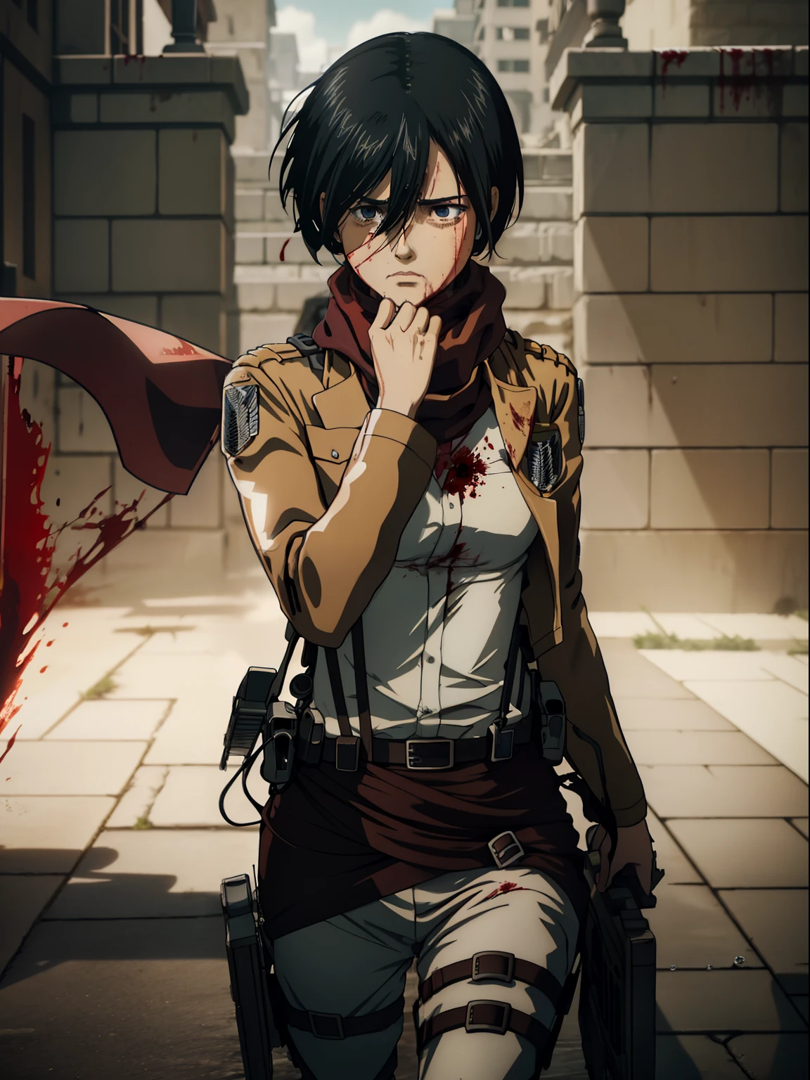 Masterpiece, A high resolution, Photorealistic, Best quality, 8K, Best quality, Ultra-detailed, Cinematic lighting, 1girll, mikasa ackerman, shingeki no kyojin, 1girll, belt, Black hair, Cropped jacket, emblem, hair between eye, Jacket, Paradise military uniform, Red scarf, Scarf, Short hair, shout, Angry, Crying, Watery eyes, (Blood:1.4), the scars, view the viewer, Ott style, Swords, Huge walls, In battle