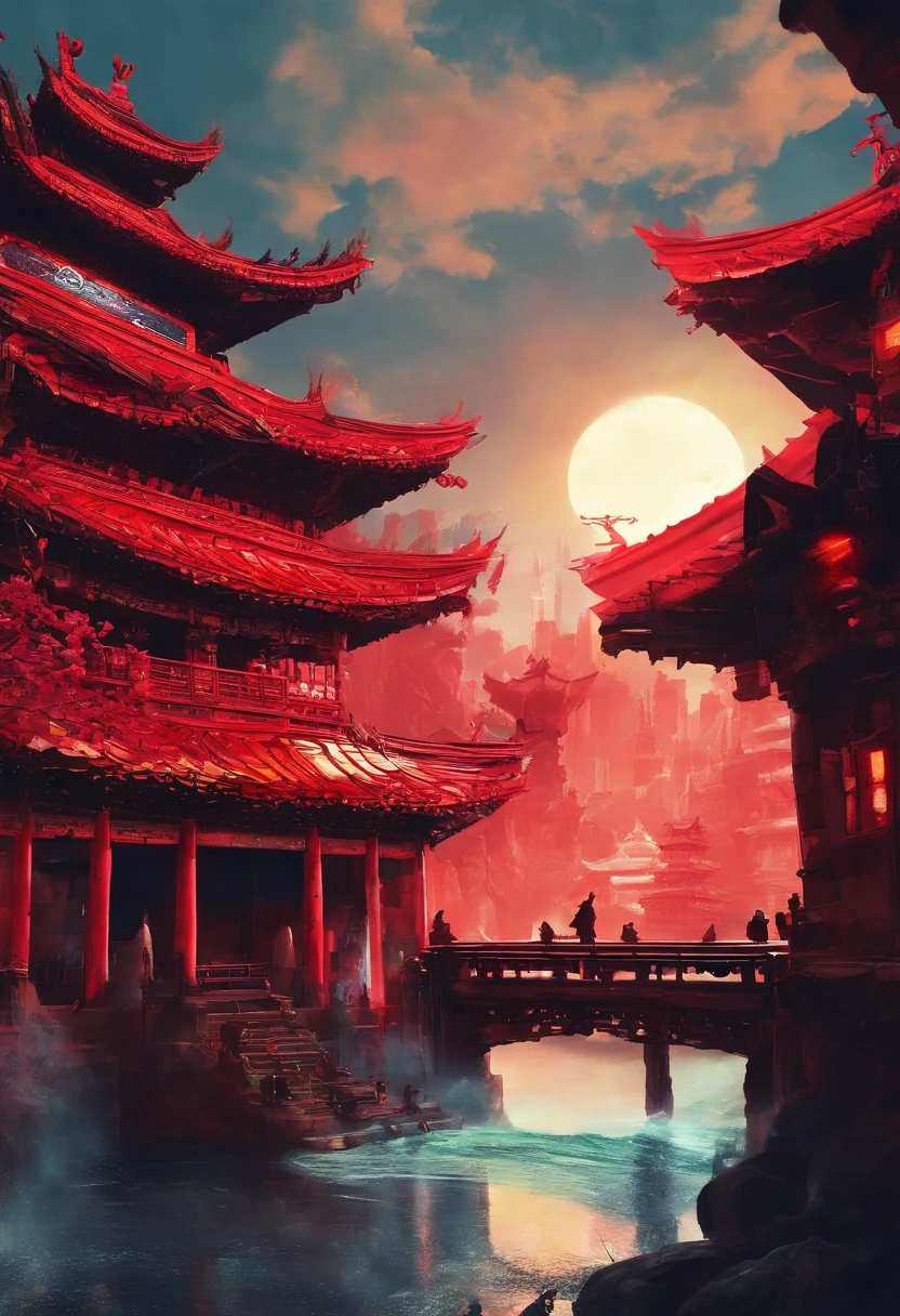 (Avatar ：The Way of Water,Hallelujah Hill，Hallelujah Hill:1.2),A giant ancient city suspended in the air:1.5),Chinese cityscape with full moon, Movie dystopia, Beautiful rendering of the Tang Dynasty, red sun over paradise, Epic red , Glowing castle in the distance, Cyberpunk ancient city, luminescent matte painting, asian sun, Big Red Sun, legend of korra setting, Fantastic futuristic city,fenghuang，(Flying Phoenix:1.5)，chinesedragon，Dutch Golden Age painting, Fuji colors, Sparkle, Blurry, fading border, round corners, partial underwater shot, Masterpiece, Award-Awarded, A high resolution, 1080p, 8K,in a red dream world, A beautiful artwork illustration, There is a red poster，,There are pictures of pagodas and flowers