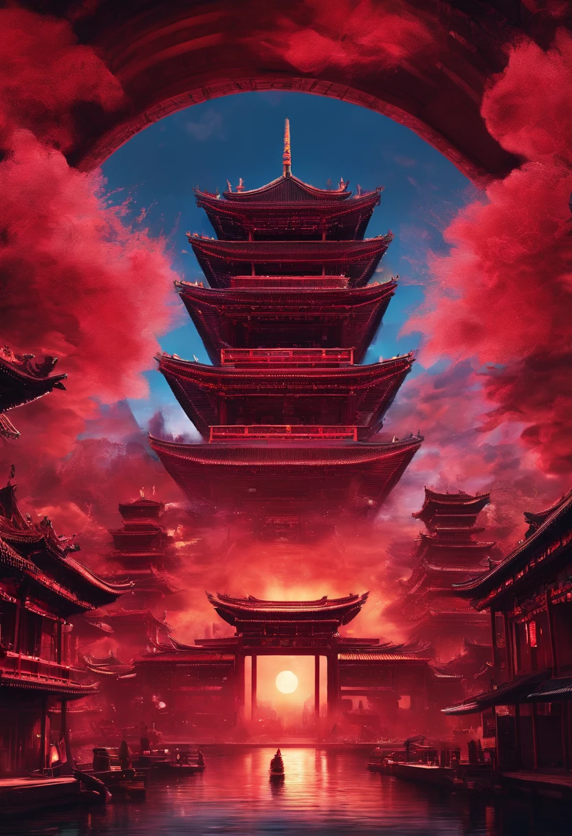 (Avatar :The Way of Water,Hallelujah Hill,Hallelujah Hill:1.2),A giant ancient city suspended in the air:1.5),Chinese cityscape with full moon, Movie dystopia, Beautiful rendering of the Tang Dynasty, red sun over paradise, Epic red , Glowing castle in the distance, Cyberpunk ancient city, luminescent matte painting, asian sun, Big Red Sun, legend of korra setting, Fantastic futuristic city,fenghuang,(Flying Phoenix:1.5),chinesedragon,Dutch Golden Age painting, Fuji colors, Sparkle, Blurry, fading border, round corners, partial underwater shot, Masterpiece, Award-Awarded, A high resolution, 1080p, 8K,in a red dream world, A beautiful artwork illustration, There is a red poster,,There are pictures of pagodas and flowers