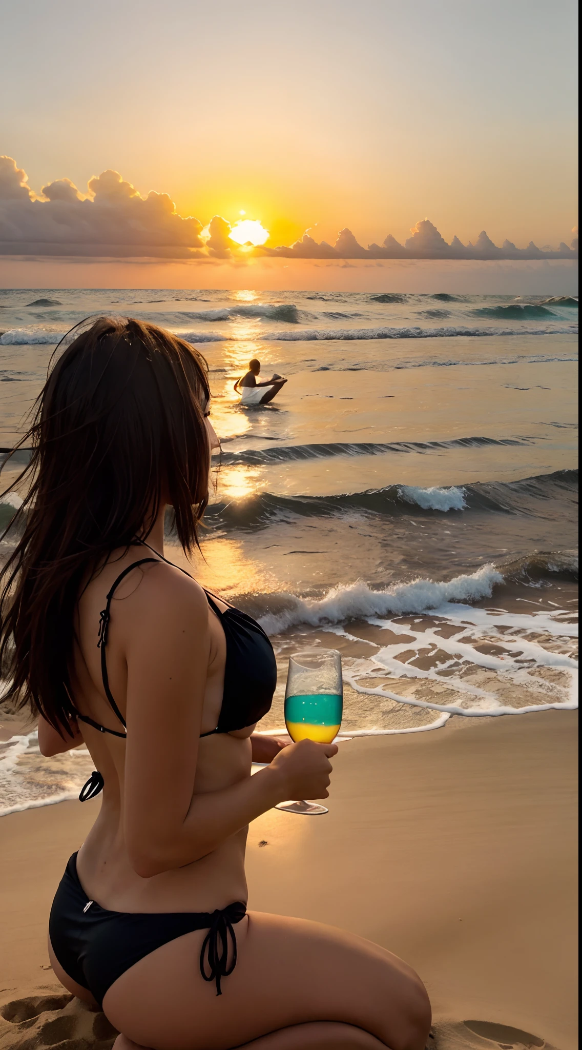 Mujer cabello negro largo, en bikini negro en la playa al atardecer, con puesta de sol, con una puesta de sol, en la playa al atardecer, en la puesta de sol, en la playa al atardecer, en la playa durante la puesta de sol, Beach aesthetics, Puesta de sol en la playa, Hora del atardecer, en una hermosa puesta de sol, al atardecer, en la playa al atardecer, ((puesta del sol))