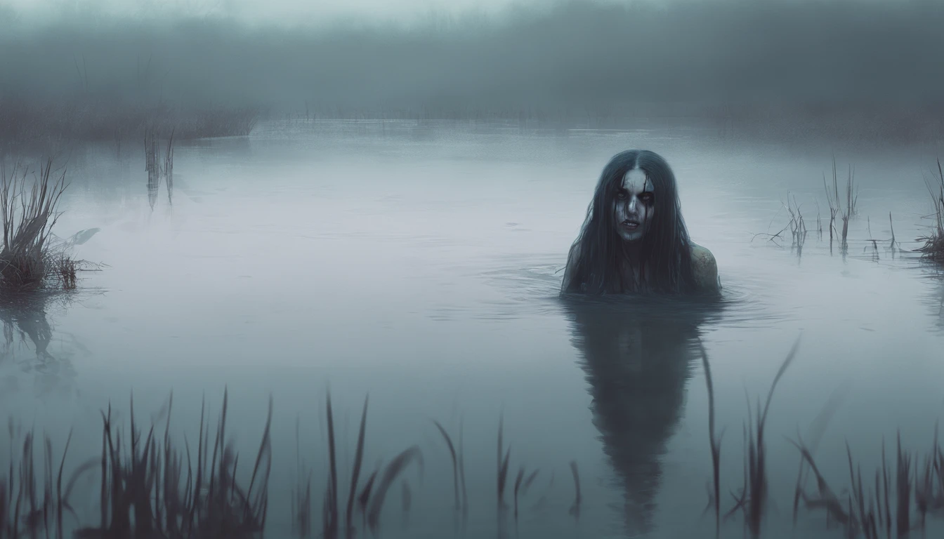 pale demon woman crawling out the water in a foggy marsh, horror movie, cinematic look, creepy aesthetic, ultra detailed, photorealistic, masterpiece.