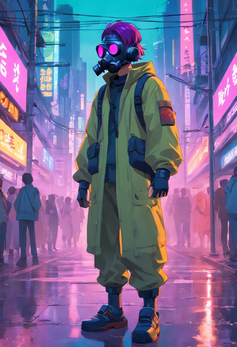 A man in a gas mask stands in the street， Cyberpunk art by Jim Burns, CGSesociety, retro-futurism, DAZ3D, ps1 graphics, dystopian art，Purple colored hair，red color eyes