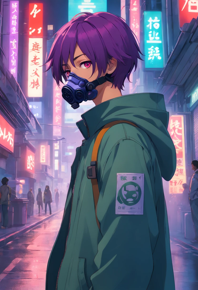 A man in a gas mask stands in the street, Cyberpunk art by Jim Burns, CGSesociety, retro-futurism, DAZ3D, ps1 graphics, dystopian art,Purple colored hair,red color eyes
