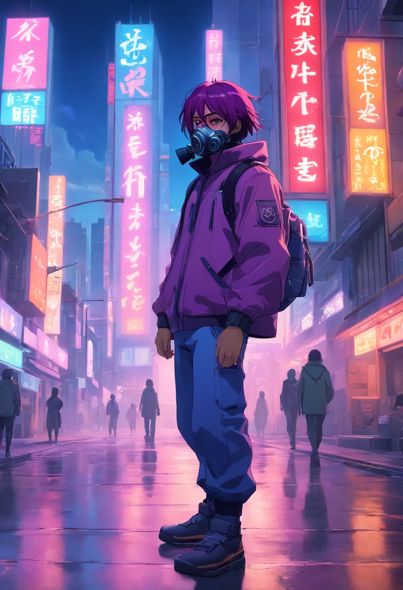A man in a gas mask stands in the street, Cyberpunk art by Jim Burns, CGSesociety, retro-futurism, DAZ3D, ps1 graphics, dystopian art,Purple colored hair,red color eyes