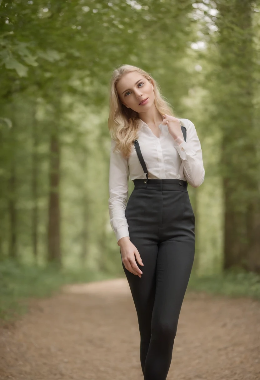 Workwear for the workplace,belle fille blonde,longues jambes,collants noirs,talons hauts, Contexte forestier, Super realistic girl