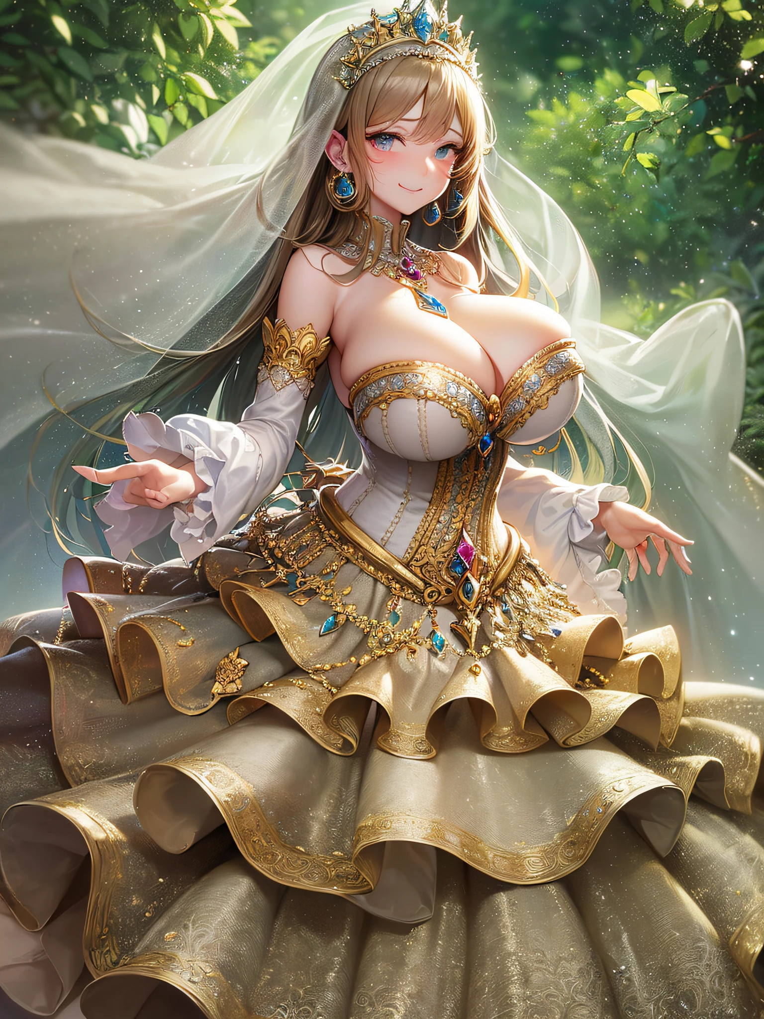 ((Anime Art Style)),(masutepiece),(Best Quality), (Super Detail),(Highly detailed CG Unity 8k wallpaper),((Very delicate and beautiful)),((Full body portrait)),((Stand in the garden)),((Solo)),(((One princess in gorgeous embroidery and jeweled very gorgeous Rococo princess ball gown with voluminous full-length hoop skirt ))),(((Crinoline Hoop Skirt))),Long Train,((Gorgeous embroidery and jewelry)),voluminous ruffles,(((very very gigantic boobs,Skindentation))),cleavage,((Very long straight hair,Very voluminous straight long hair,Very long straight hair)),(finely detailed face and eyes),((Seductive smile,embarrassed)),Beautiful eyes like jewels,Very gorgeous hair ornament,(A very gorgeous tiara adorned with bling-bling jewels),((Glitter Gorgeous Gemstone Jewelry)),Gorgeous Long Veil,(opera gloves),(Beautiful background),(Full body),((gorgeous embroidery and jeweled gorgeous Rococo princess ball gown with voluminous full-length hoop skirt))