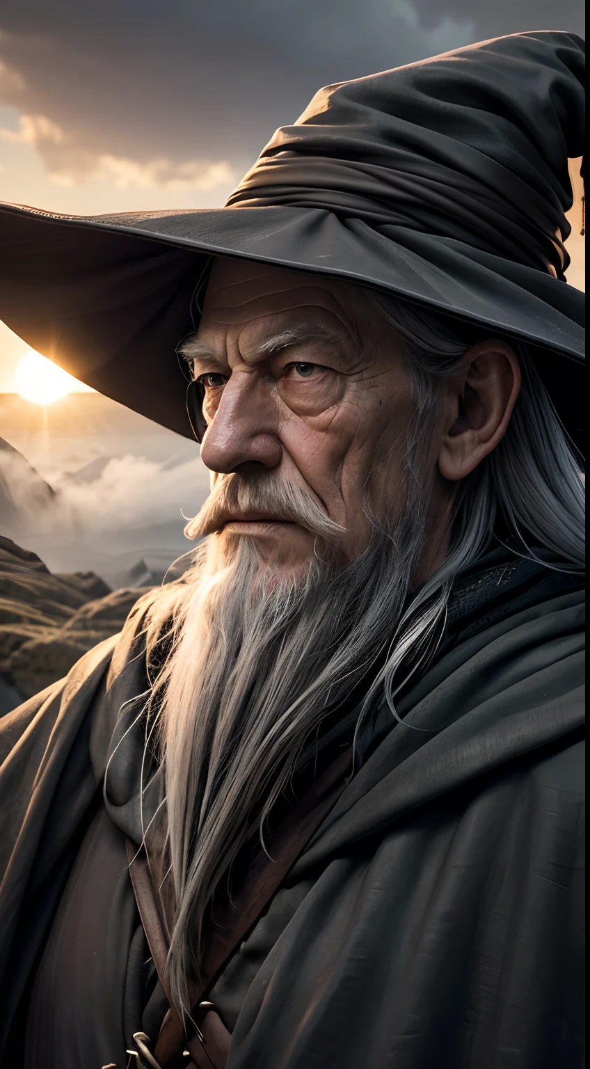 (masterpiece), ultra detailed close up of gandalf on a adventure, serious expression, perfect face, at the sunset, black uniform, dangerous, badass, strong, expressive, dark, epic,reflections, superficie scattering, 8k, badass, cinematic, gray clothes, UHD, finely detailed, high res, realistic, (perfect lighting, dramatic lighting), extreme shading, volumetric, (professional image), fog, perfect anatmy, old men, long beard, wrinkles, witch hat, perfect skin, the image transmit a powerful feeling, the man posture displays confidence,Ian McKellen, he is a wise mage, he wearis a gray cloak, lotr (alternatively), [leather beld], gray tunic bellow the cloak