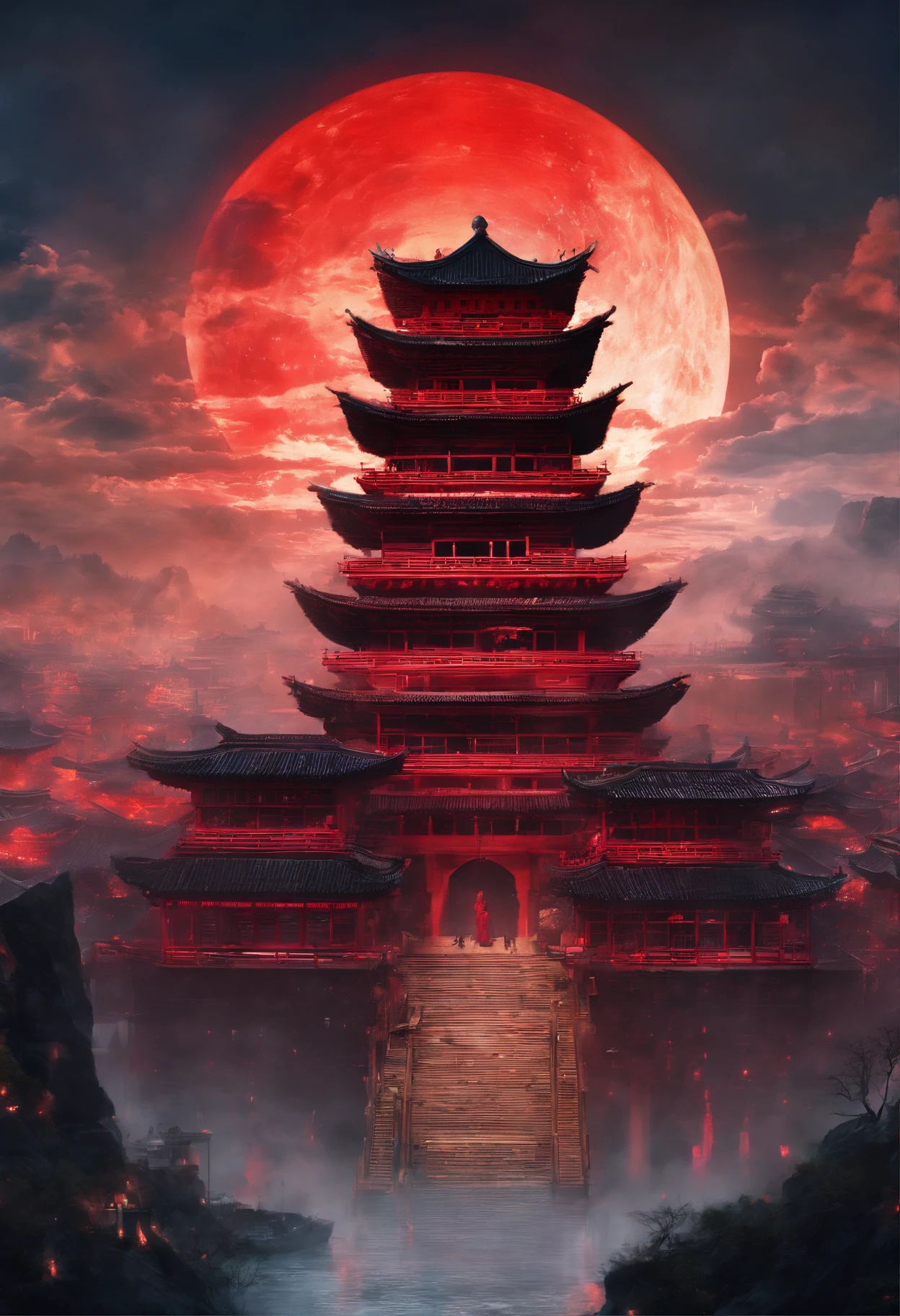 (Avatar ：The Way of Water,Hallelujah Hill，Hallelujah Hill:1.2),A giant ancient city suspended in the air:1.5),Chinese cityscape with full moon, Movie dystopia, Beautiful rendering of the Tang Dynasty, red sun over paradise, Epic red , Glowing castle in the distance, Cyberpunk ancient city, luminescent matte painting, asian sun, Big Red Sun, legend of korra setting, Fantastic futuristic city,fenghuang，(Flying Phoenix:1.5)，chinesedragon，Dutch Golden Age painting, Fuji colors, Sparkle, Blurry, fading border, round corners, partial underwater shot, Masterpiece, Award-Awarded, A high resolution, 1080p, 8K,in a red dream world, A beautiful artwork illustration, There is a red poster，,There are pictures of pagodas and flowers