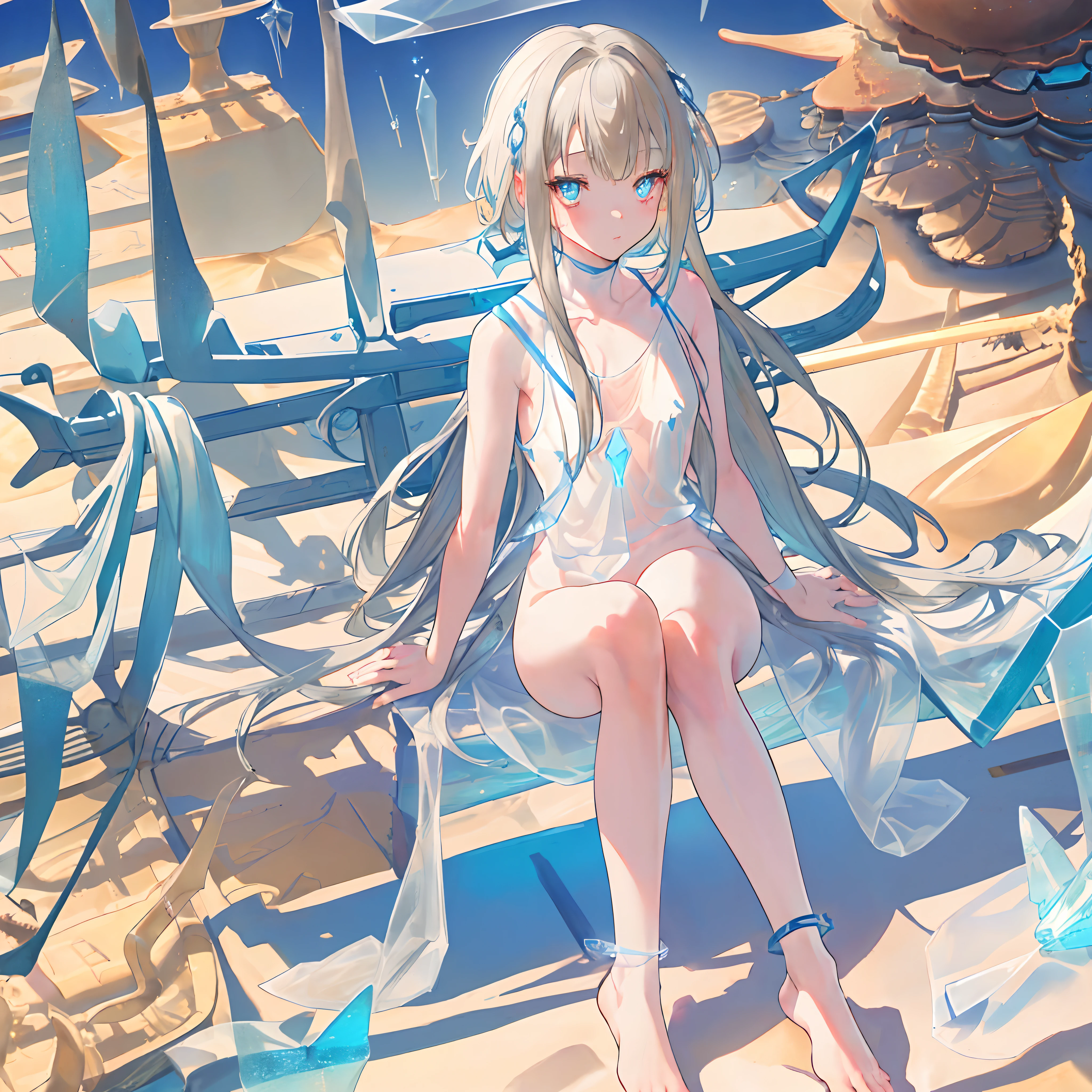 ((A close up)) of anime girl, (((((sitting on the sand in the desert))))), (mostly naked), ((barefoot)), (cinematic light), skin is perfectly white, soft, and smooth, ((no nsfw)), Extremely delicate and beautiful CG illustration, small thigh, slim body, best quality, high resolution, dynamic angle, full-length lens, ((1 girl)), (detailed eyes), soft light, high-key lighting), glowing light, feathers fluttering background, blue crystal, ((blue glowing ring around her ankle)), (((wearing (nothing) but a white (transparent) tank top)))