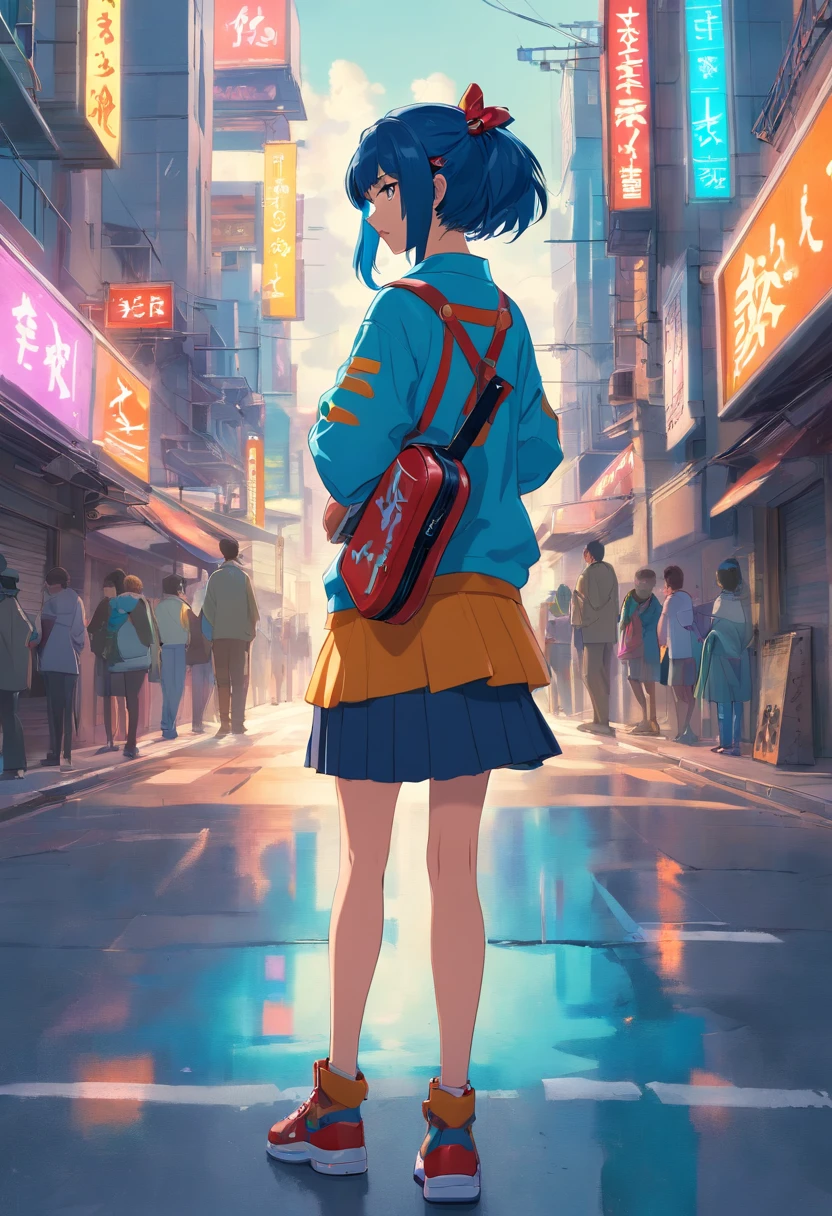 A girl with a guitar on her back stands in the street, Cyberpunk art by Jim Burns, CGSesociety, retro-futurism, DAZ3D, ps1 graphics, dystopian art,Dark blue hair,Dark green eyes,High ponytail,Bow knot,Penguin hair ornaments
