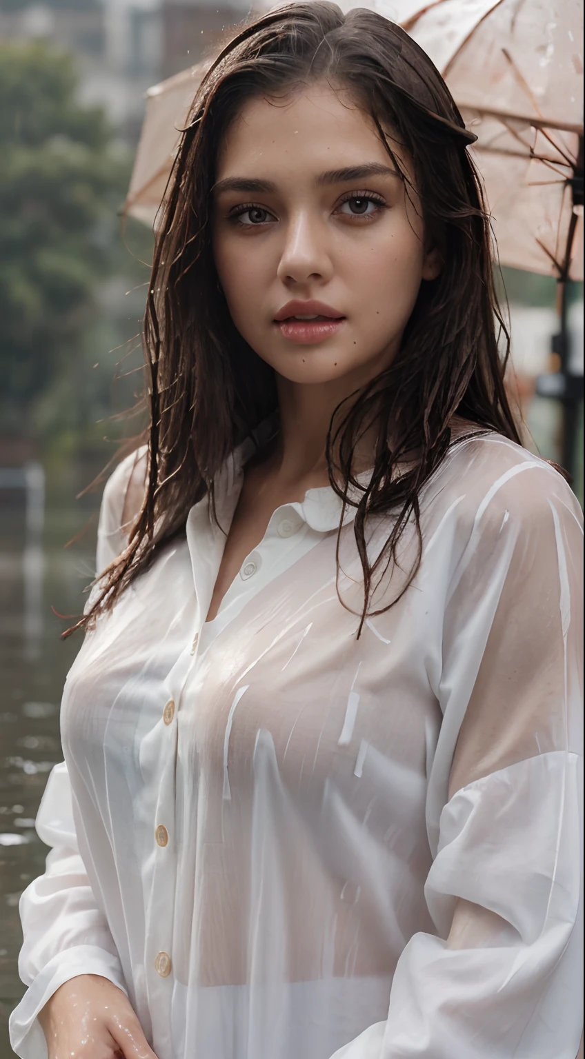 (Best quality, 4k, Masterpiece :1.3), pretty woman, 1girl, dark brown hair: 1.1, (rainy wet, wet from rain, wet body :1.2), white blouse, ultra-detailed face, detailed lips, detailed eyes, double eyelid