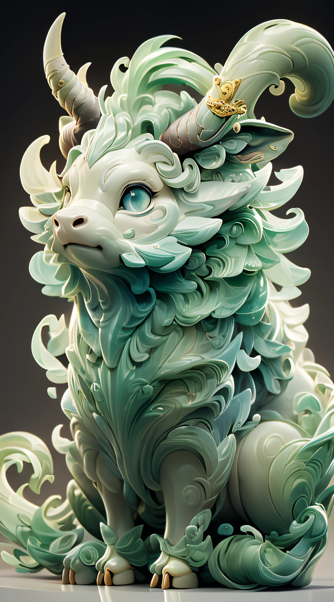 The shape of a cow,The background is clean,Dreamy colors,Transparent statue,florals,Big eyes,green color,Serious expressions,((cow horn)),Clear eyes,tmasterpiece,(best qualtiy:1.3),A cow,full bodyesbian