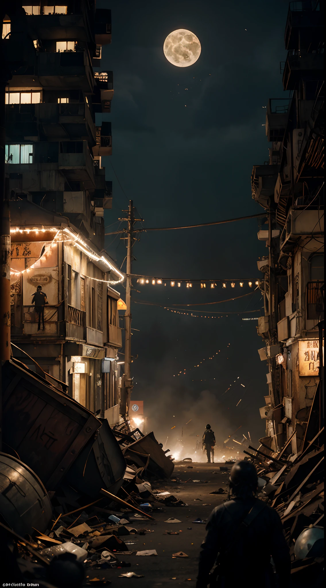 dystopian city of junks, junk, rust, garbage, trash, broken, pilgrims and visitors from space, studio ghibli,dark background, crowded,riot