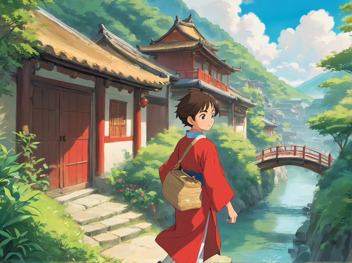 with blue sky and white clouds、-yeld boearing red Zhuang costume、Carry a bag、Climb over small hills,Cross the river 。Come to the quaint bamboo building and look up。Lateral face。Clear facial features。Idyllic countryside