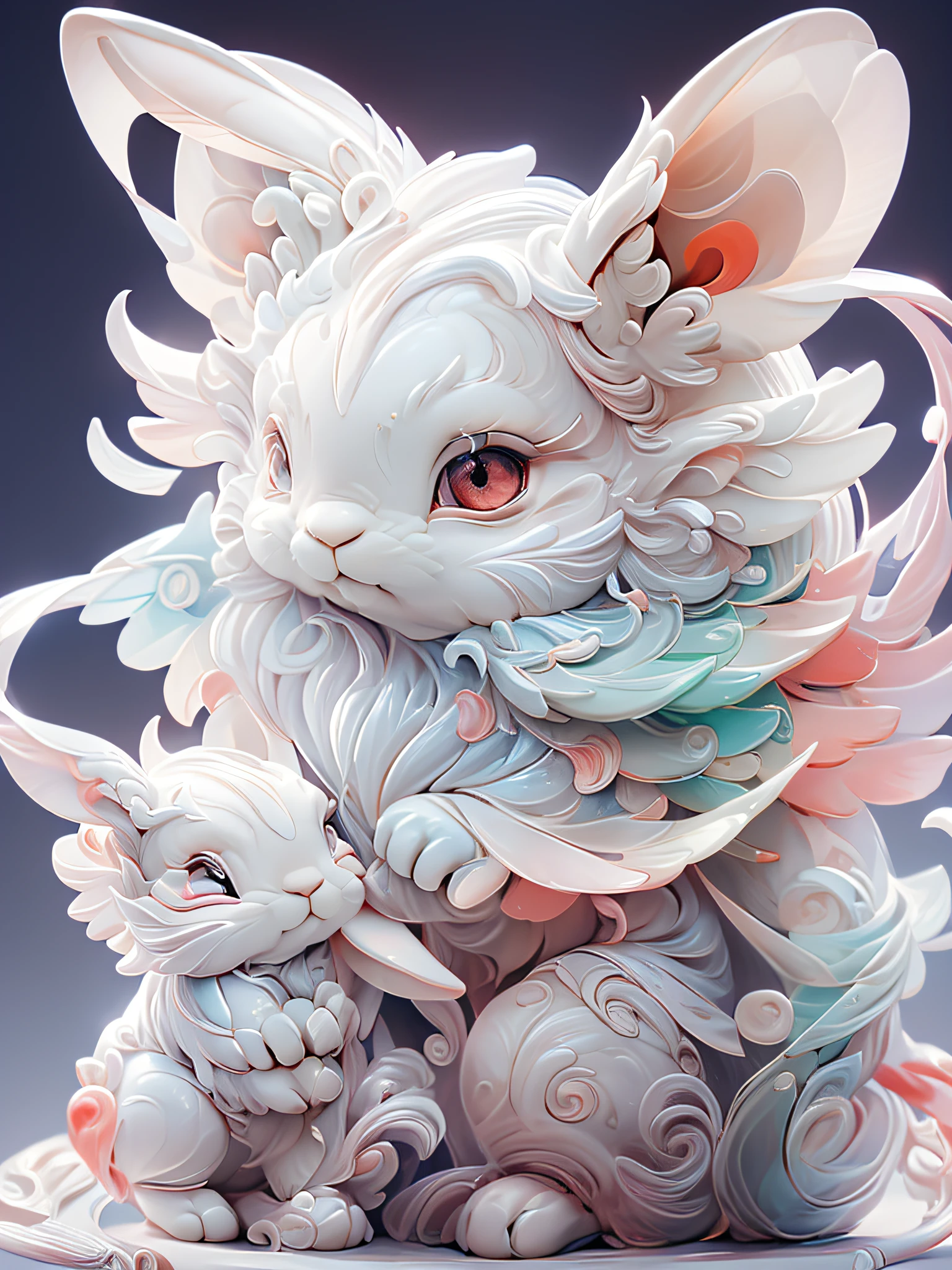 The shape of a rabbit,The background is clean,Dreamy colors,Transparent statue,florals,Big eyes,The white,Red eyes,Eyes are clear,tmasterpiece,(best qualtiy:1.3),A rabbit,full bodyesbian