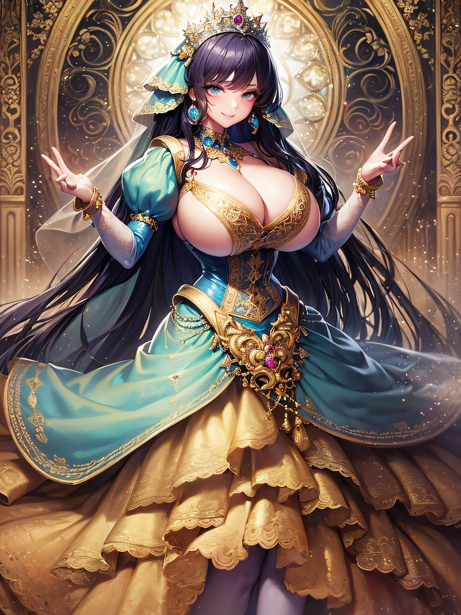 ((Anime Art Style)),(masutepiece),(Best Quality), (Super Detail),(Highly detailed CG Unity 8k wallpaper),((Very delicate and beautiful)),((Full body portrait)),((Stand in the garden)),((Solo)),(((One princess in gorgeous embroidery and jeweled very gorgeous Rococo princess ball gown with voluminous full-length hoop skirt ))),(((Crinoline Hoop Skirt))),Long Train,((Gorgeous embroidery and jewelry)),voluminous ruffles,(((very very gigantic boobs,Skindentation))),cleavage,((Very long straight hair,Very voluminous straight long hair,Very long straight hair)),(finely detailed face and eyes),((Seductive smile,embarrassed)),Beautiful eyes like jewels,Very gorgeous hair ornament,(A very gorgeous tiara adorned with bling-bling jewels),((Glitter Gorgeous Gemstone Jewelry)),Gorgeous Long Veil,(opera gloves),(Beautiful background),(Full body),((gorgeous embroidery and jeweled gorgeous Rococo princess ball gown with voluminous full-length hoop skirt))