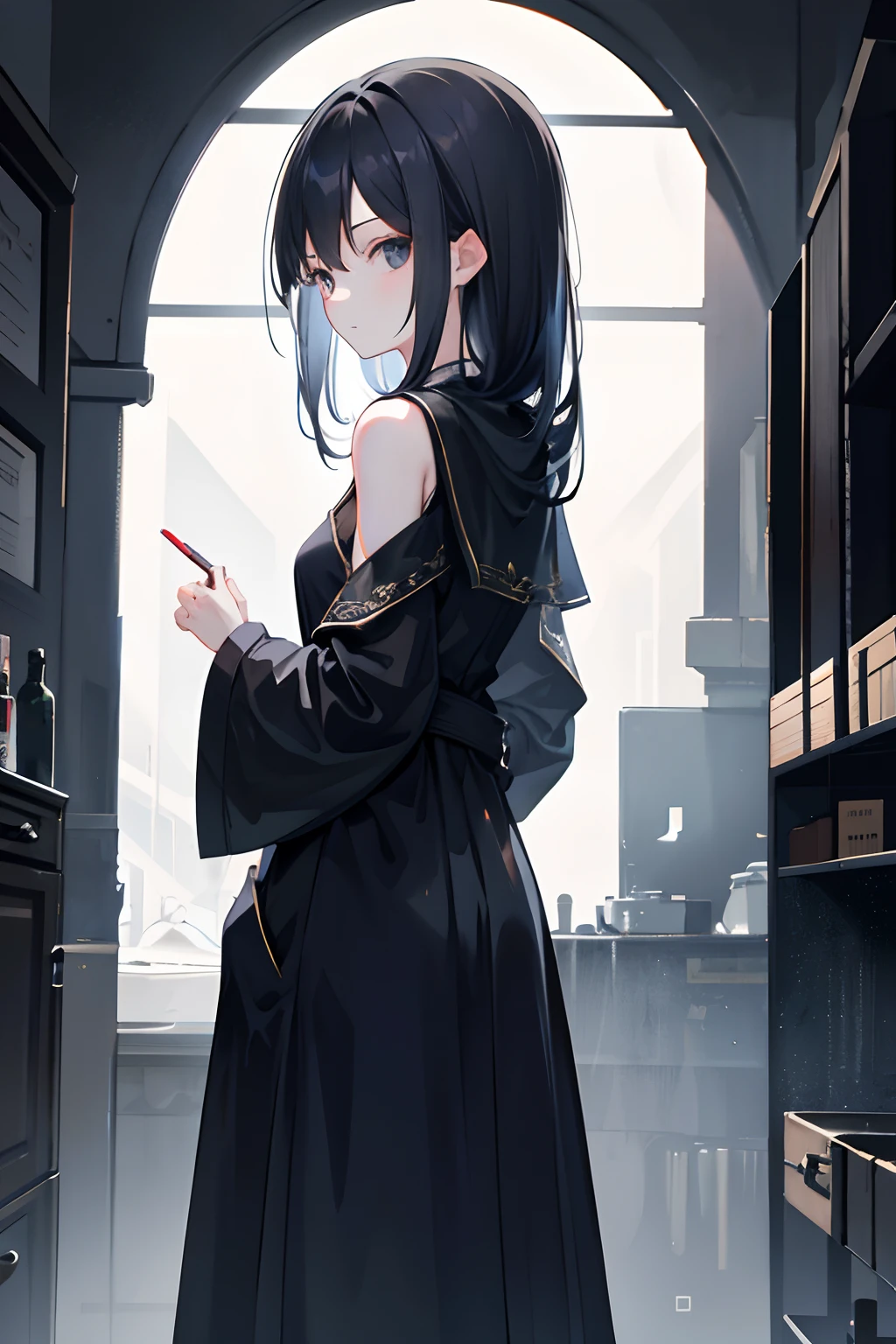 1girll，Back shadow，A black robe，Alchemy Laboratory，the mystery of unknown territories，Put your hands in your pockets，Black hair，Shoulder-length hair，Black eyes，Game scene graph