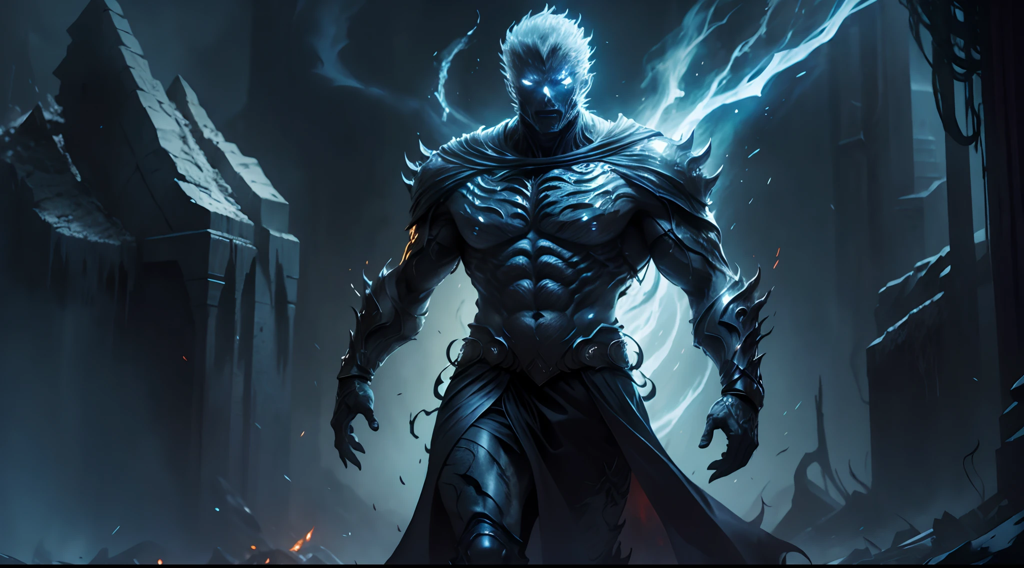 Full body shot of Garou with his handsome face, darksiders art style, with his glowing red eyes brought to life with stunning detail and quality, a true work of art. demon-inspired black flame reflective armor.