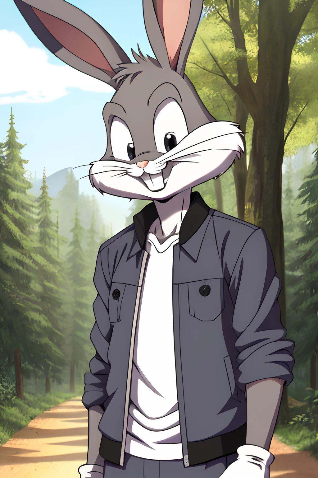 gloves, male, solo, bugs bunny, rabbit, buckteeth, forest, long ears, grey body, grey fur, white fur,furry,anime style, anime screencap, 2010s_\(style\), grin, forest, upper body, short-sleeved jacket with white lining,