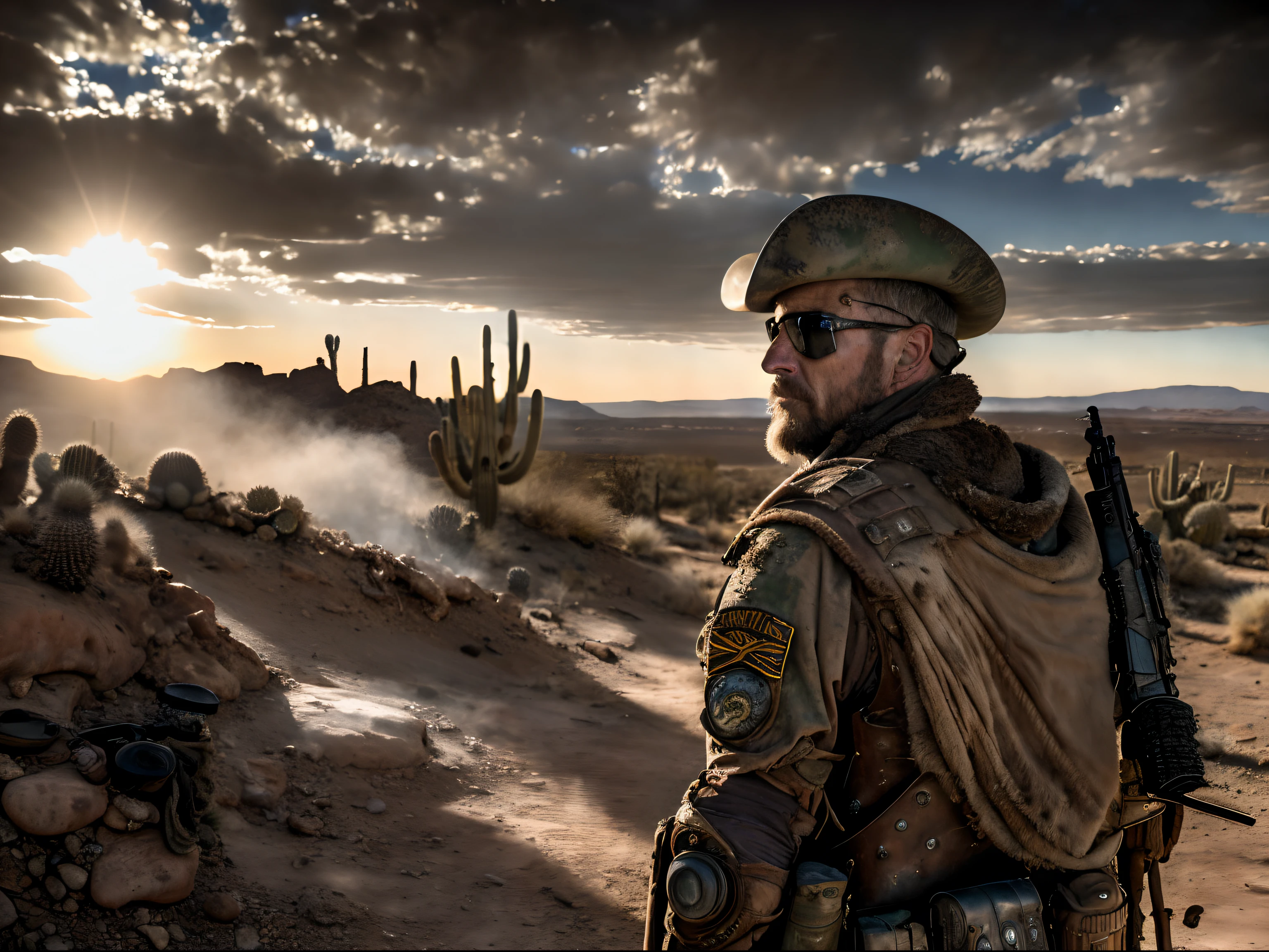 Masterpiece, Realistic, Photorealistic, Ultra Detailed, 8K, RAW photo, Depth of field, Realistic light, cinematic composition, skyscape, Four men close-up, desert, broken walls, military outfit, "wasteland 2" game style, desert rangers, post-apocalyptic landscape, postapocalyptic cityscape, cactuses, canon 6D