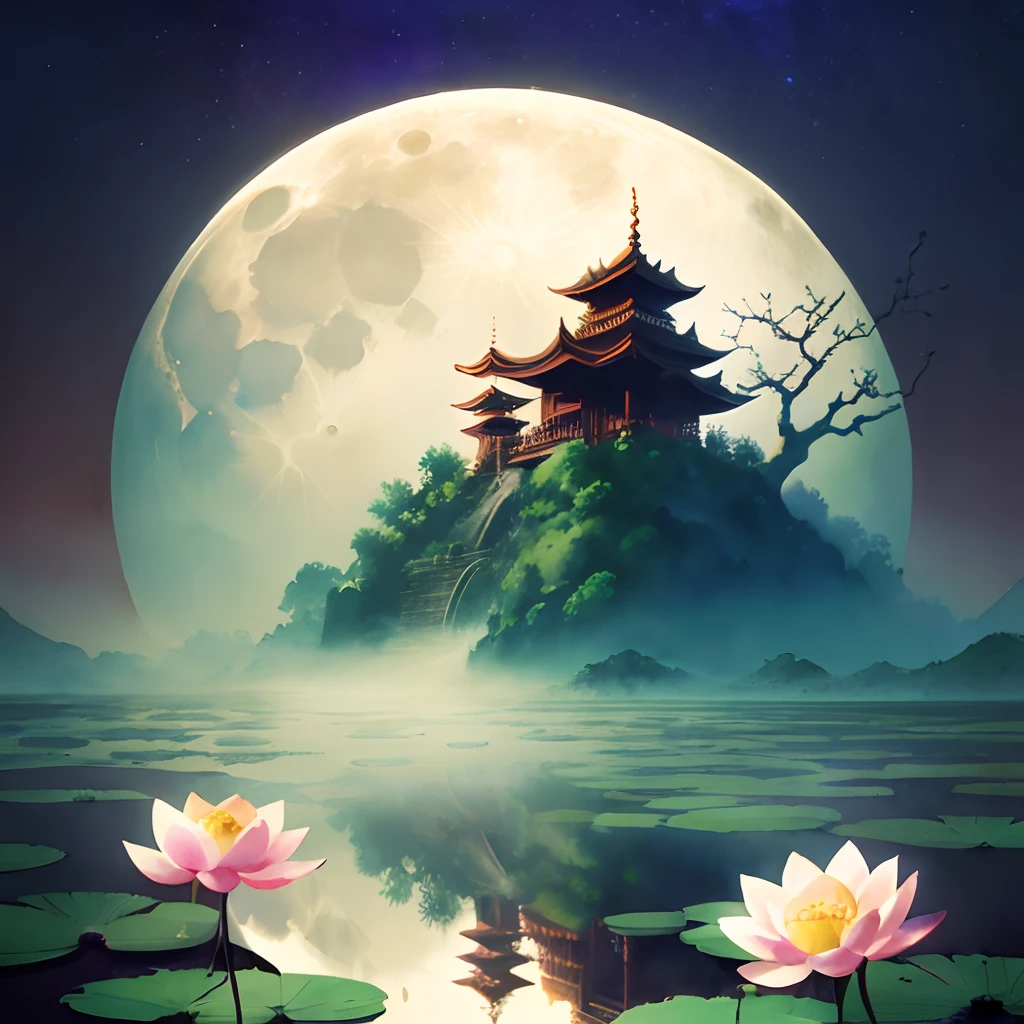 watercolor paiting,Epic composition,super detailing,Jade ornaments,smog,themoon,lotuses,The bird,tree branch(No characters,Pure scenery,hyper HD, high qulity