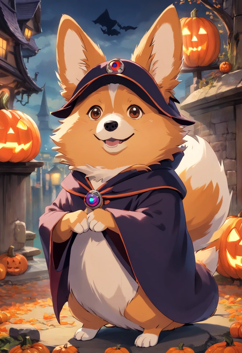 (best quality,4k,highres,masterpiece:1.2),ultra-detailed,realistic,portrait,Corgi,dressed up in Halloween costume,spooky atmosphere,creepy background,bright colors,intricate details,ora.
