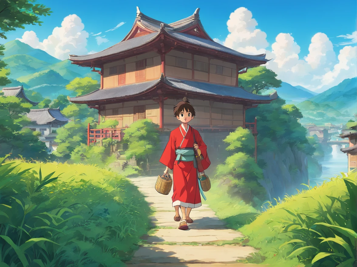 with blue sky and white clouds、15-year-old boy wearing red Zhuang costume、Carry a bag、Climb over small hills，Cross the river 。Come to the quaint bamboo building and look up。Lateral face。Look at the house。Clear facial features。Idyllic countryside