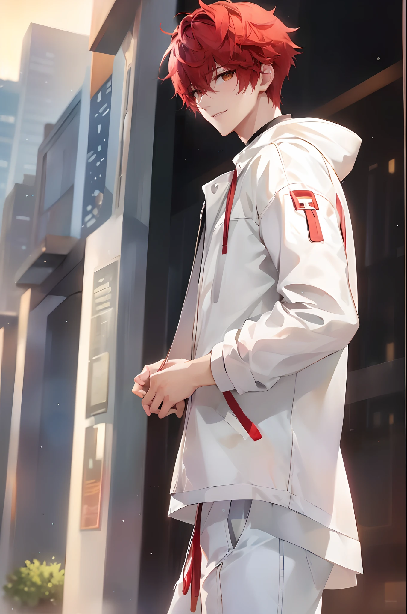 (4K works))、masterpiece、(top-quality)、((Evening city))、((In front of the main gate of the workplace))、((In front of the main gate of the building))、View of the sunset、Korean Male、Adult male、((Adult male 26 years old))、((Face similar to Hyun Jin))、Cool Men、tall、((Gentle smile))、((Strong eyes))、((Wearing a black T-shirt and a white hooded jacket、Wearing long white pants))、((smaller face))、Slim body、((hooligan))、((rather short hair of bright red color,))、((rather short hairstyle above the ears,))、((Fairly short two-bromash hair))、((Black eyes))、((shot from front))、((Shot alone))、((Solo Photography))、((He came to pick me up))、((He stands in front of the main gate of the building))