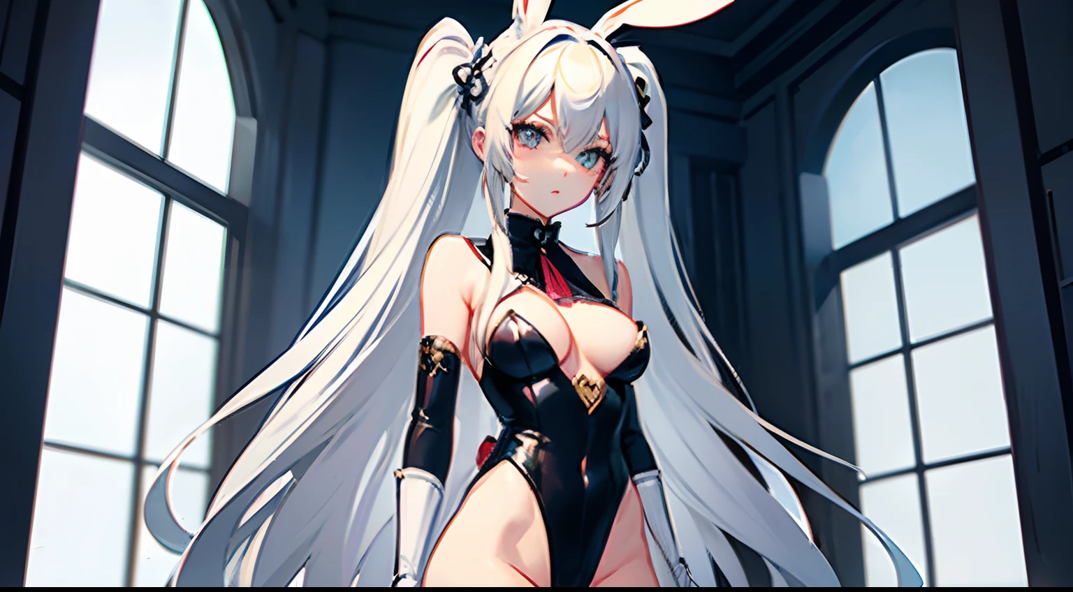 ((Best Quality)), (ultra-detailliert), ((Extremely detailed)), (Beautiful), ((Kawaii Girl)),(two side up hair)、((masutepiece)),Platinum Blonde Hair,Long hair, hair between eye, Wavy Hair, Long sideburns,Jade-colored eyes, White skin,Colossal tits、Rabbit ears,Slender body,playboy_bunny,Standing,Look Camera,One Woman,Anime