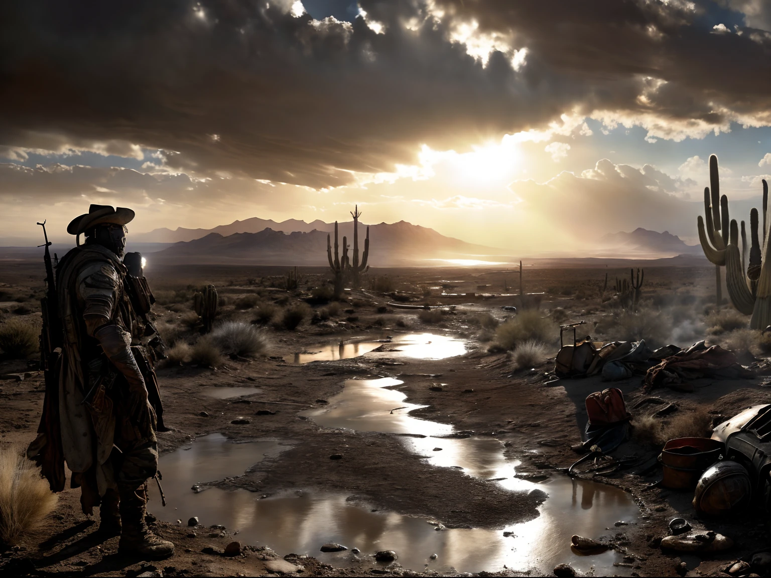 Masterpiece, Realistic, Photorealistic, Ultra Detailed, 8K, RAW photo, Depth of field, Realistic light, cinematic composition, skyscape,  Four men close-up, desert, broken walls, military outfit, "wasteland 2" game style, desert rangers, post-apocalyptic landscape, postapocalyptic cityscape, cactuses, canon 6D