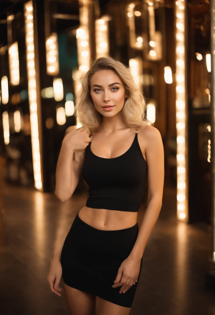 Blonde woman posing in nightclub with matching tank top and skirt, Sexy girl with hazel eyes, portrait sophie mudd, blur background, Best quality, Portrait of Corinna Kopf,  selfie of a young woman, natural makeup, Look directly into the camera, face with artgram, Decentus makeup, Great full body photo, Being in the room, Large  breast,