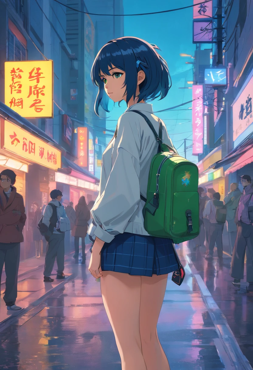 A girl with a guitar on her back stands in the street, Cyberpunk art by Jim Burns, CGSesociety, retro-futurism, DAZ3D, ps1 graphics, dystopian art,Dark blue hair,Dark green eyes,High ponytail,Bow knot,Penguin hair ornaments,White color blouse,Dark coat,