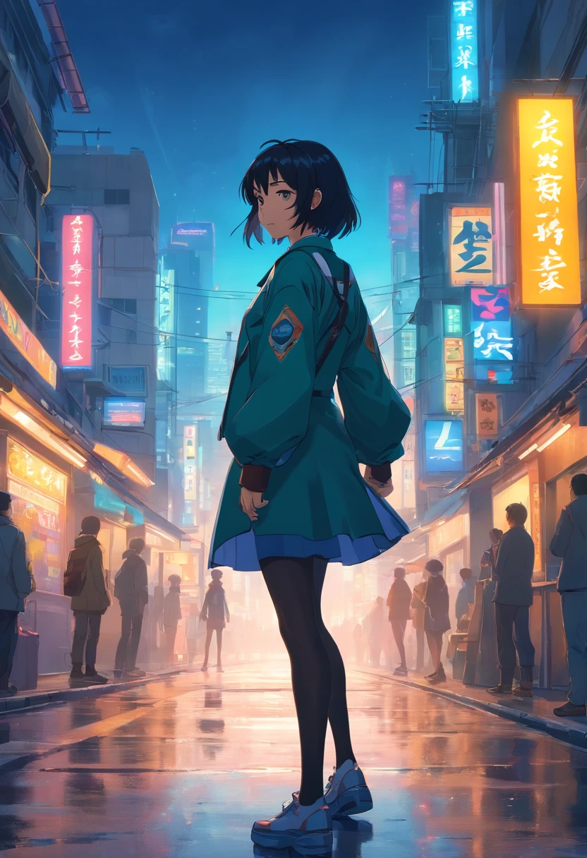 A girl with a guitar on her back stands in the street, Cyberpunk art by Jim Burns, CGSesociety, retro-futurism, DAZ3D, ps1 graphics, dystopian art,Dark blue hair,Dark green eyes,High ponytail,Bow knot,Penguin hair ornaments,White color blouse,Dark coat,